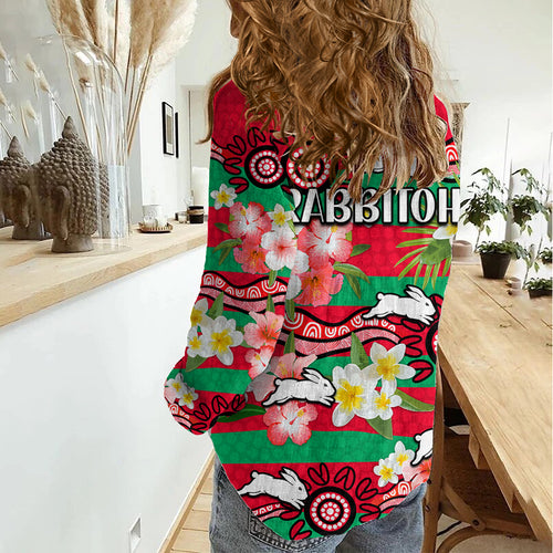 Rabbitohs Rugby Women Casual Shirt Tropical Flowers And Palm Hawaiian Style LT9