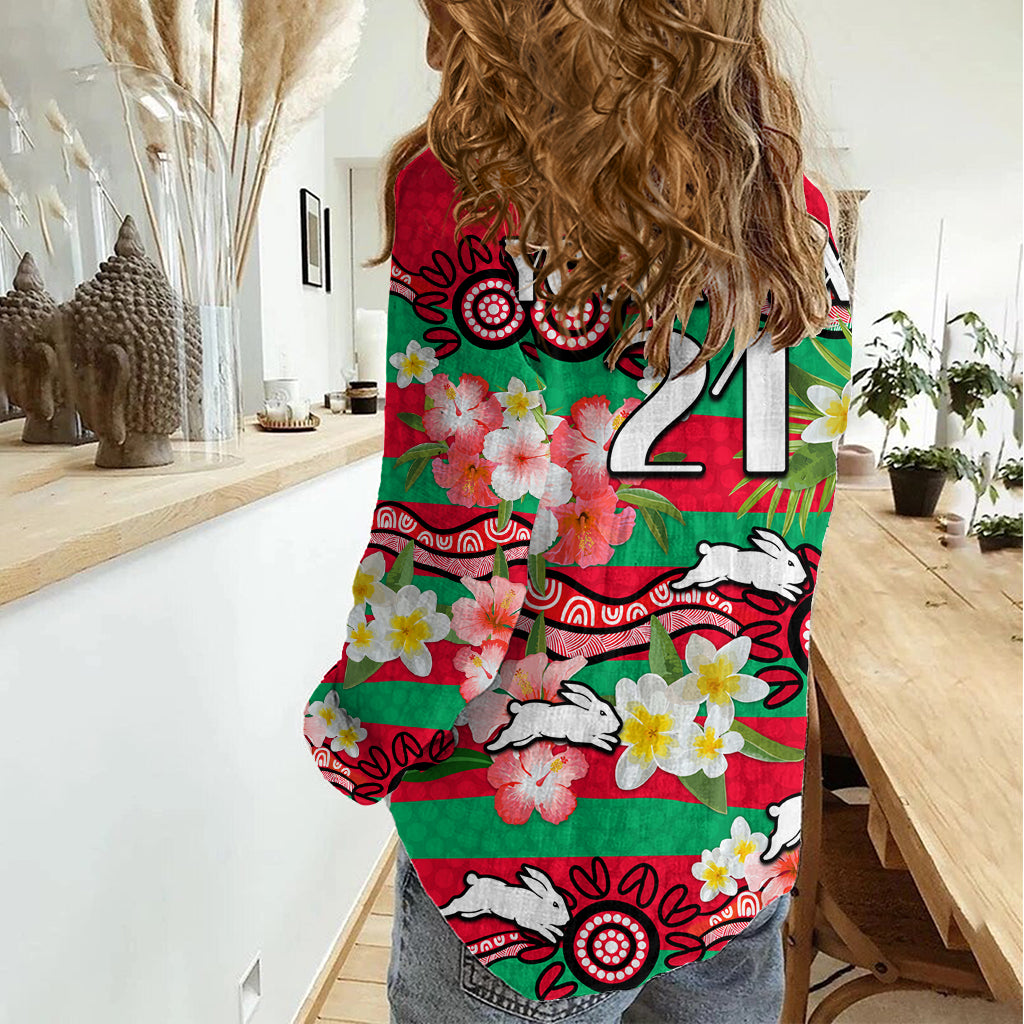 (Custom Personalised) Rabbitohs Rugby Women Casual Shirt Tropical Flowers And Palm Hawaiian Style LT9