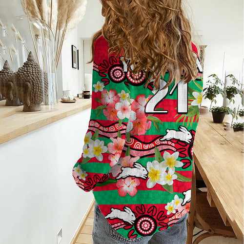 (Custom Personalised) Rabbitohs Rugby Women Casual Shirt Tropical Flowers And Palm Hawaiian Style LT9