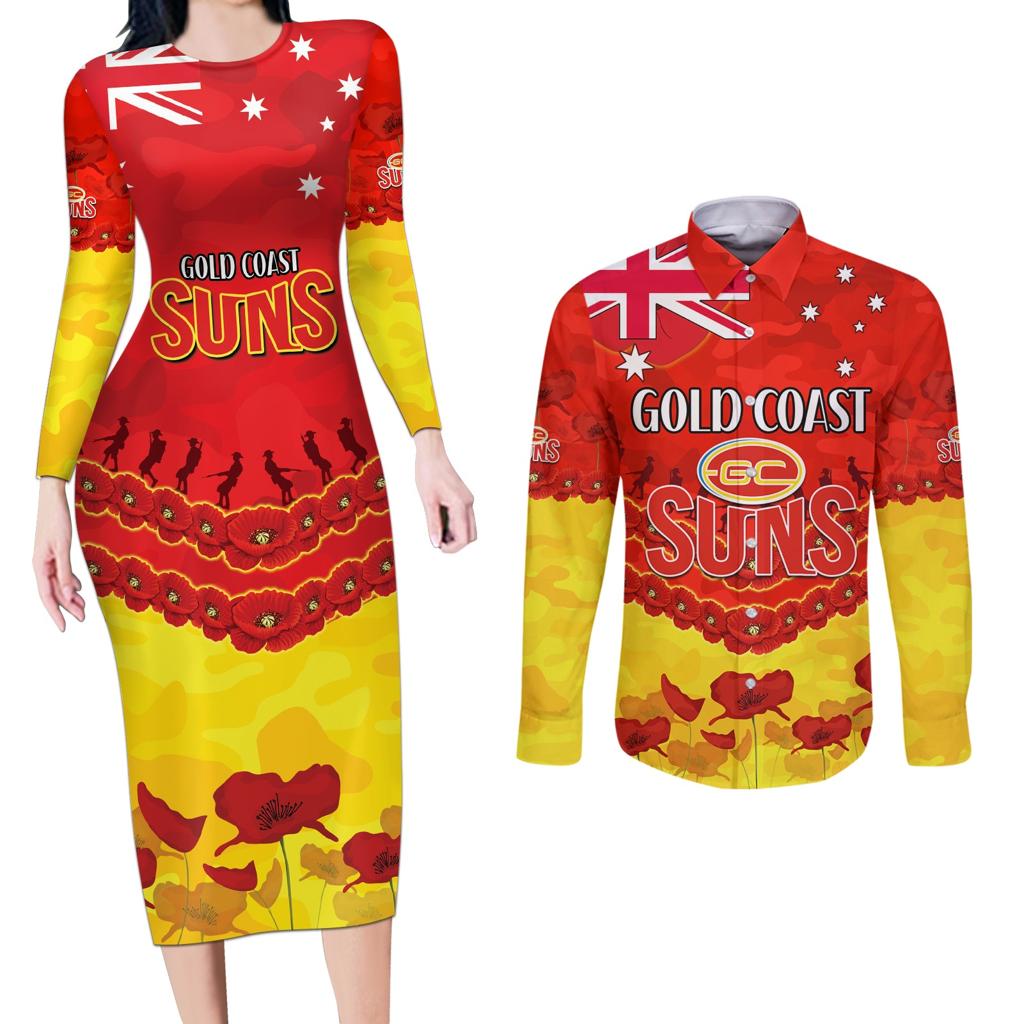 Custom Sun Football Couples Matching Long Sleeve Bodycon Dress and Long Sleeve Button Shirt ANZAC Lest We Forget