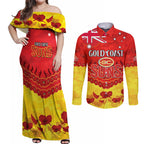 Custom Sun Football Couples Matching Off Shoulder Maxi Dress and Long Sleeve Button Shirt ANZAC Lest We Forget