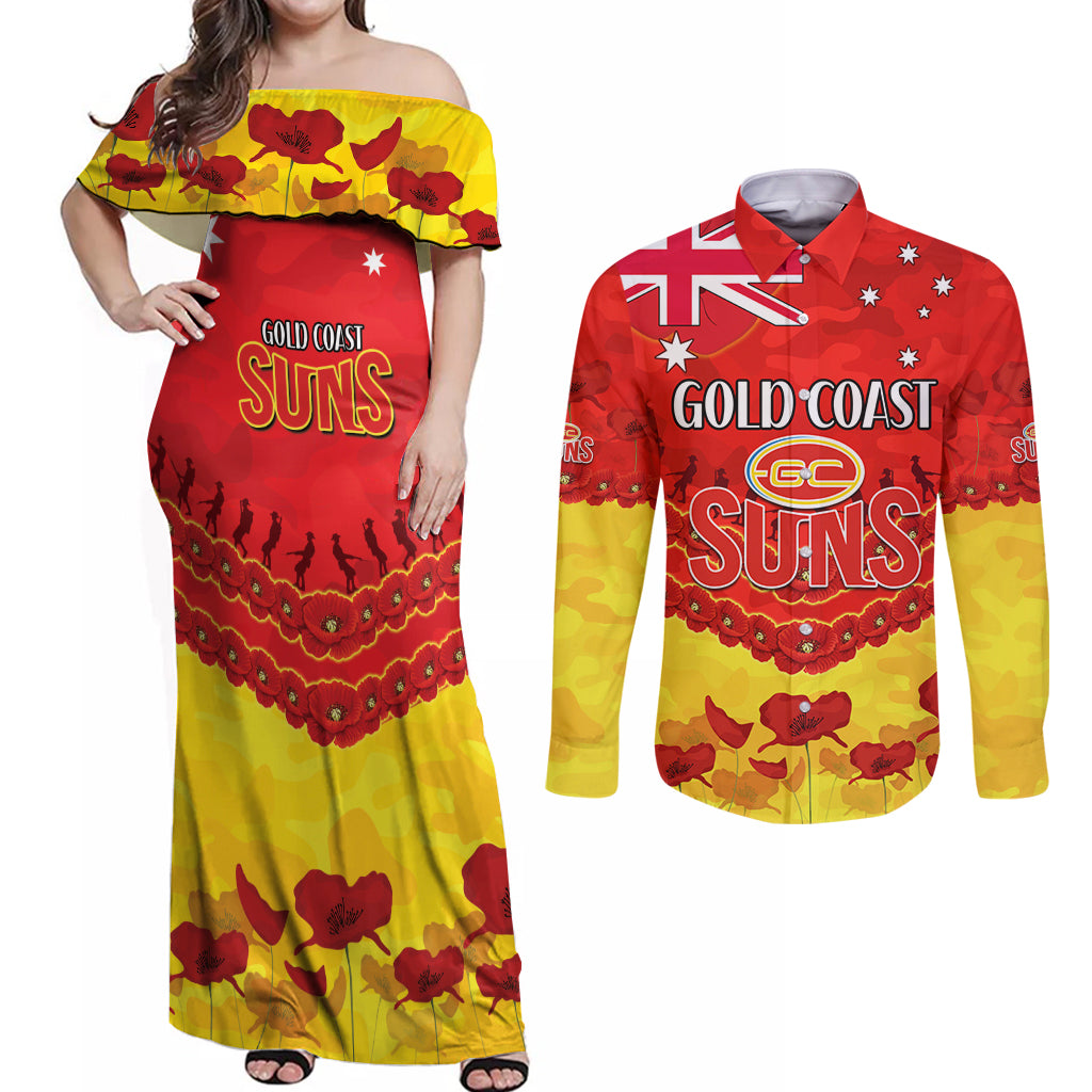 Custom Sun Football Couples Matching Off Shoulder Maxi Dress and Long Sleeve Button Shirt ANZAC Lest We Forget