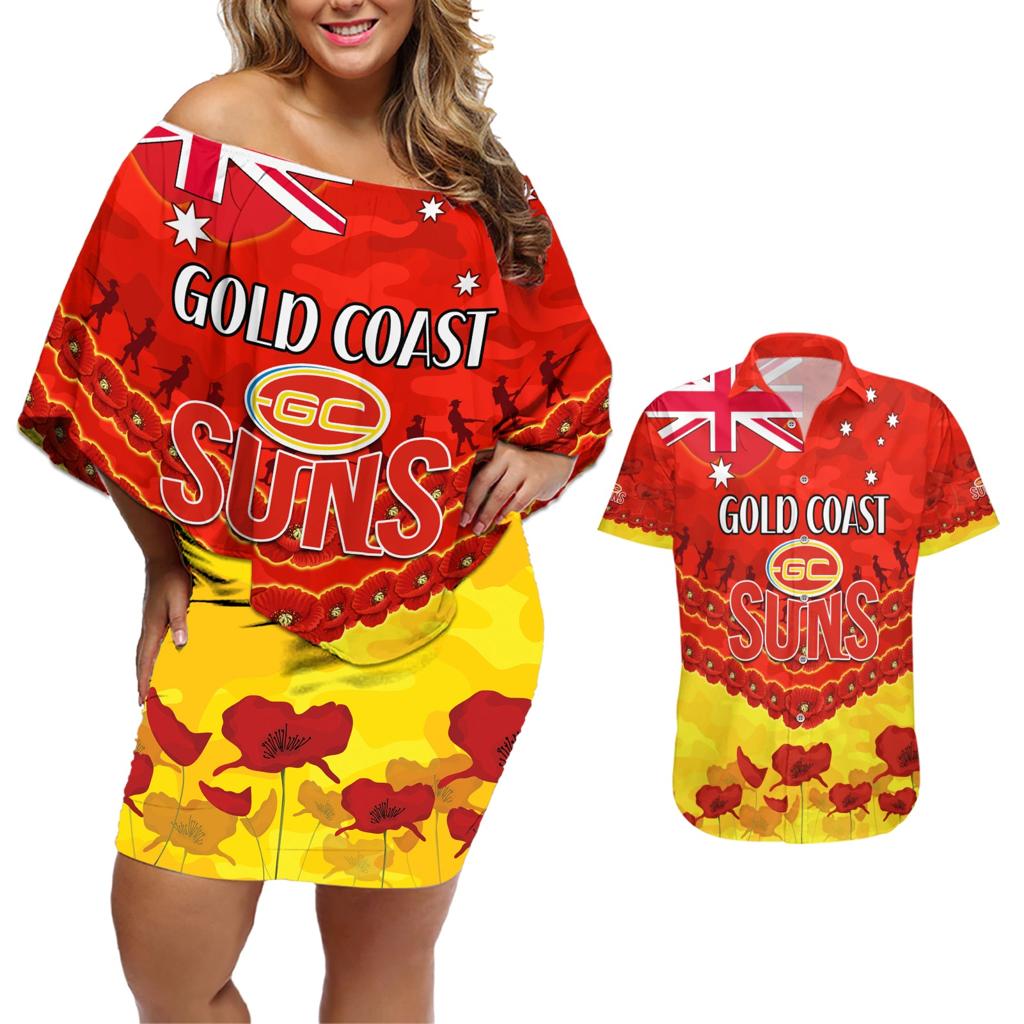 Custom Sun Football Couples Matching Off Shoulder Short Dress and Hawaiian Shirt ANZAC Lest We Forget