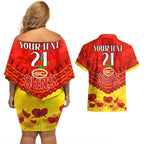 Custom Sun Football Couples Matching Off Shoulder Short Dress and Hawaiian Shirt ANZAC Lest We Forget