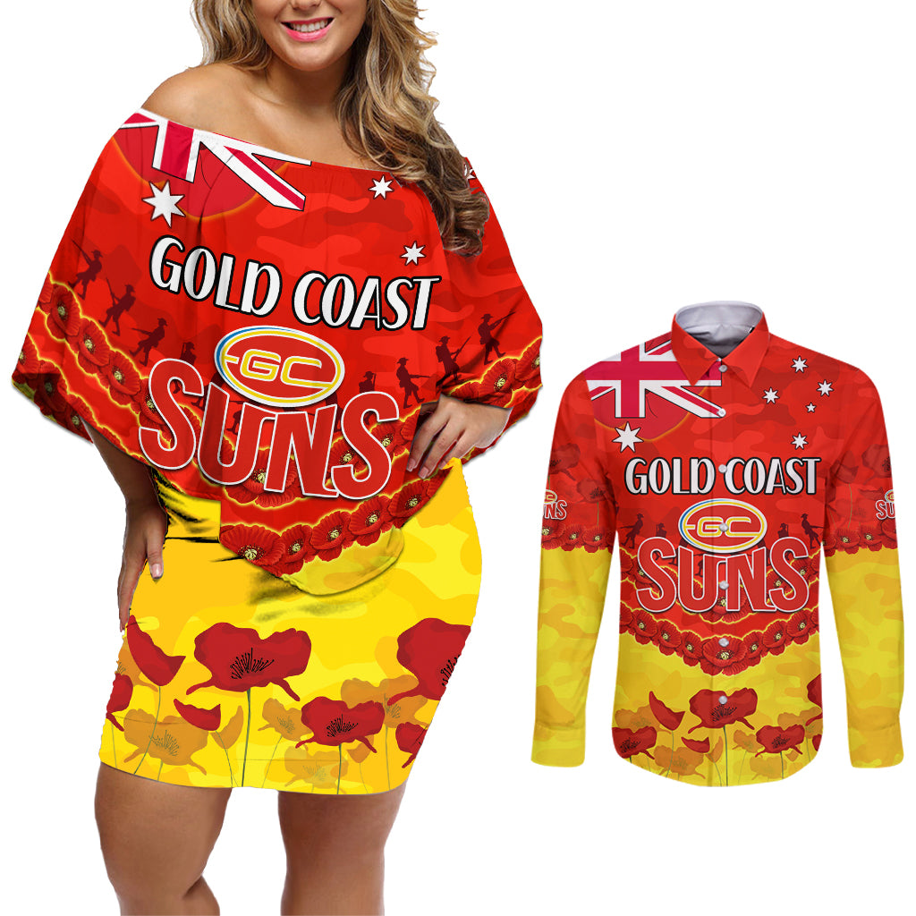 Custom Sun Football Couples Matching Off Shoulder Short Dress and Long Sleeve Button Shirt ANZAC Lest We Forget