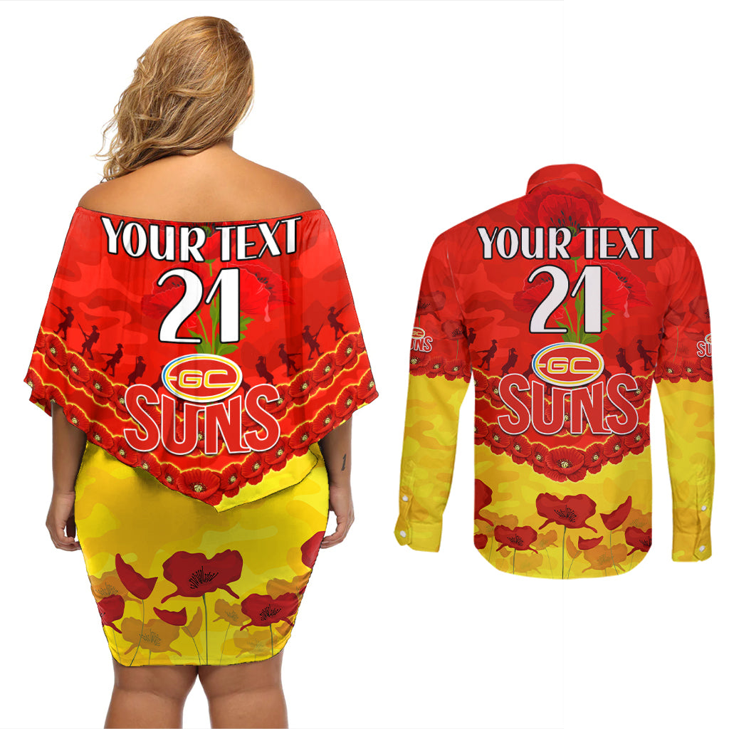 Custom Sun Football Couples Matching Off Shoulder Short Dress and Long Sleeve Button Shirt ANZAC Lest We Forget