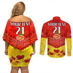 Custom Sun Football Couples Matching Off Shoulder Short Dress and Long Sleeve Button Shirt ANZAC Lest We Forget