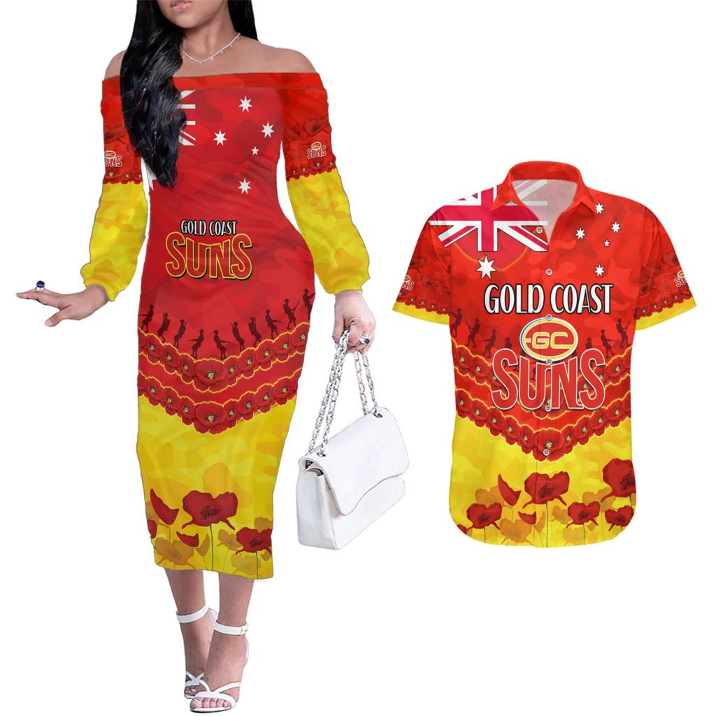 Custom Sun Football Couples Matching Off The Shoulder Long Sleeve Dress and Hawaiian Shirt ANZAC Lest We Forget