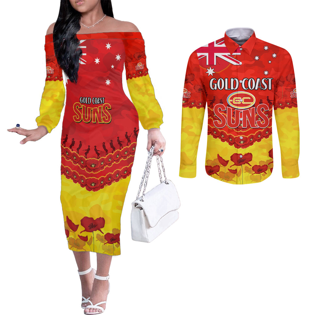 Custom Sun Football Couples Matching Off The Shoulder Long Sleeve Dress and Long Sleeve Button Shirt ANZAC Lest We Forget