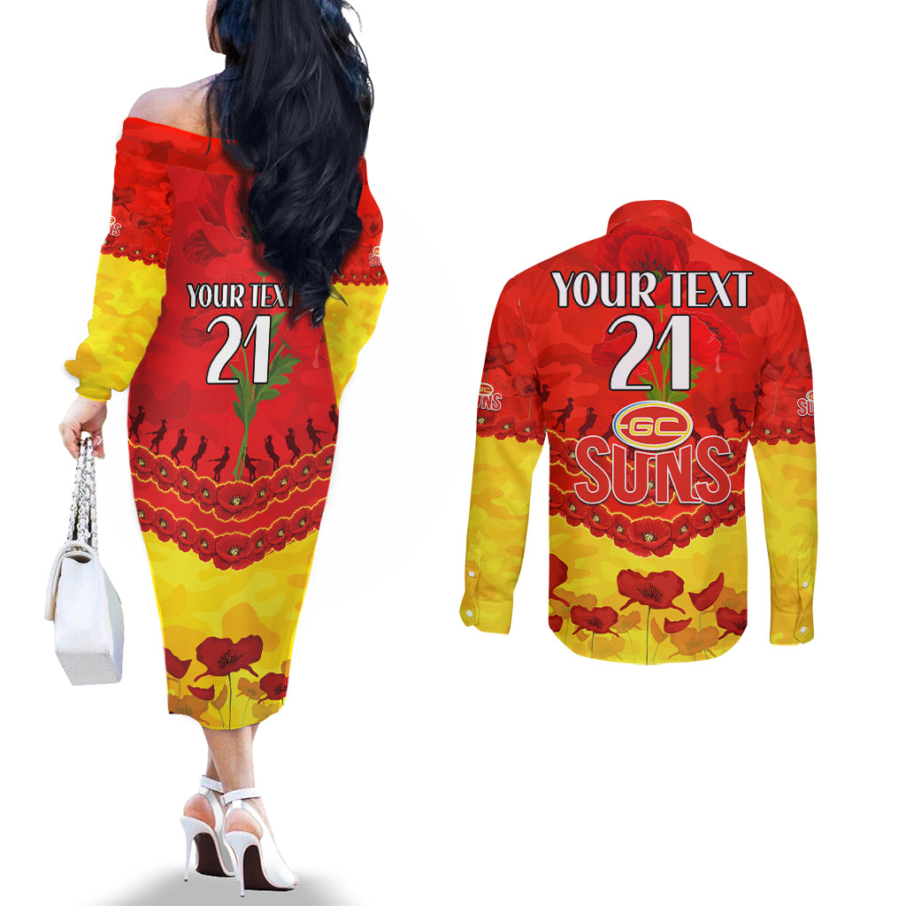 Custom Sun Football Couples Matching Off The Shoulder Long Sleeve Dress and Long Sleeve Button Shirt ANZAC Lest We Forget