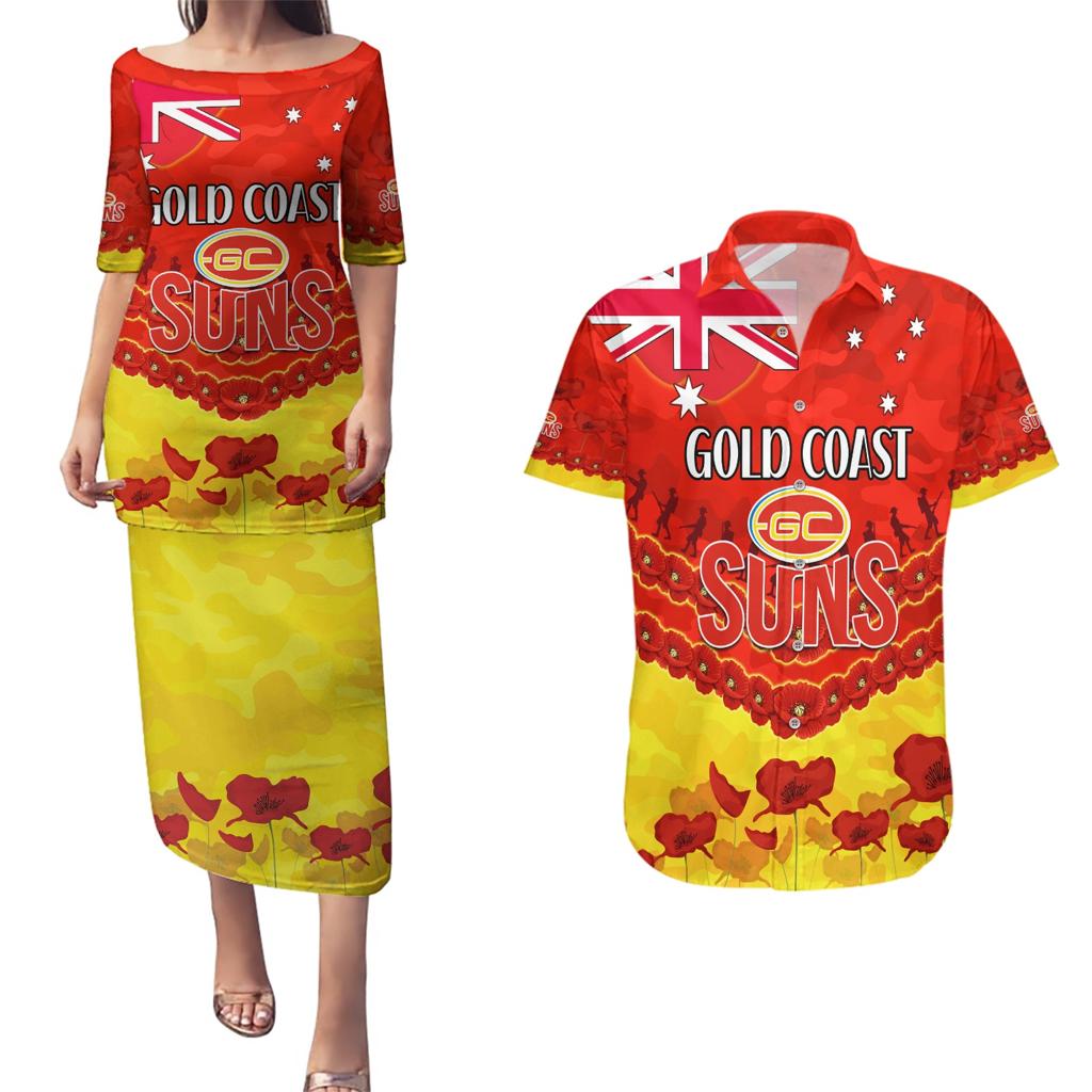 Custom Sun Football Couples Matching Puletasi and Hawaiian Shirt ANZAC Lest We Forget