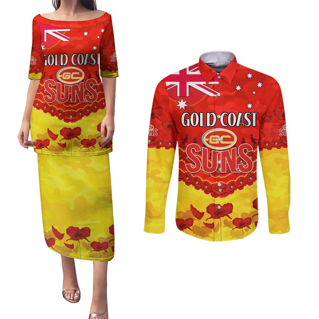 Custom Sun Football Couples Matching Puletasi and Long Sleeve Button Shirt ANZAC Lest We Forget