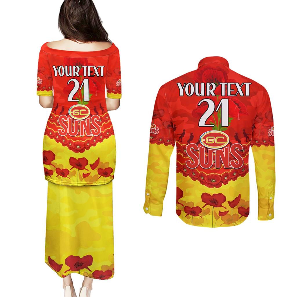 Custom Sun Football Couples Matching Puletasi and Long Sleeve Button Shirt ANZAC Lest We Forget