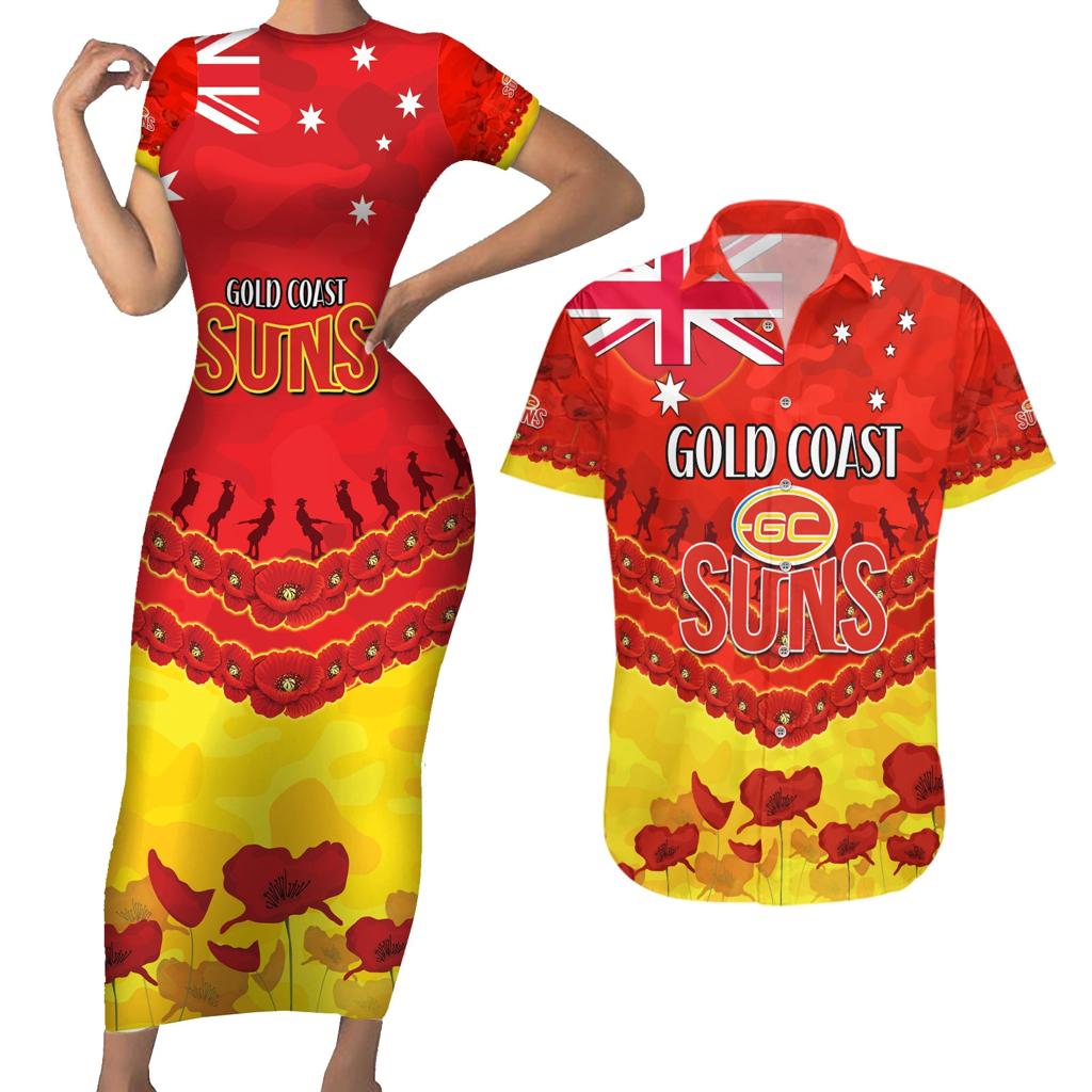Custom Sun Football Couples Matching Short Sleeve Bodycon Dress and Hawaiian Shirt ANZAC Lest We Forget