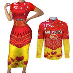 Custom Sun Football Couples Matching Short Sleeve Bodycon Dress and Long Sleeve Button Shirt ANZAC Lest We Forget