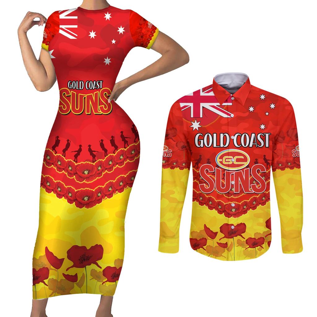 Custom Sun Football Couples Matching Short Sleeve Bodycon Dress and Long Sleeve Button Shirt ANZAC Lest We Forget
