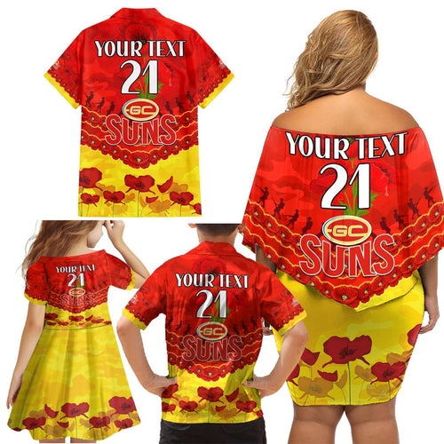 Custom Sun Football Family Matching Off Shoulder Short Dress and Hawaiian Shirt ANZAC Lest We Forget