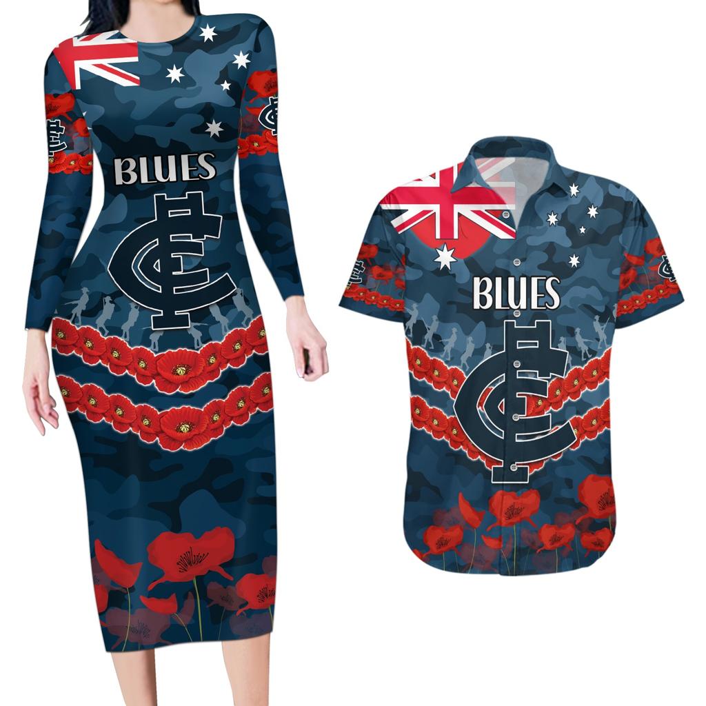 Custom Blues Football Couples Matching Long Sleeve Bodycon Dress and Hawaiian Shirt ANZAC Lest We Forget