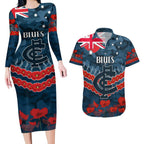 Custom Blues Football Couples Matching Long Sleeve Bodycon Dress and Hawaiian Shirt ANZAC Lest We Forget
