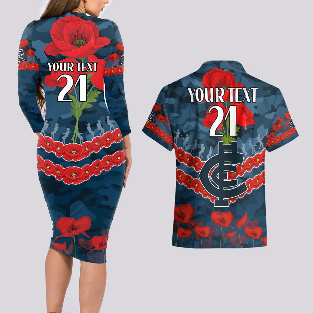 Custom Blues Football Couples Matching Long Sleeve Bodycon Dress and Hawaiian Shirt ANZAC Lest We Forget