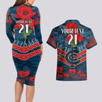Custom Blues Football Couples Matching Long Sleeve Bodycon Dress and Hawaiian Shirt ANZAC Lest We Forget