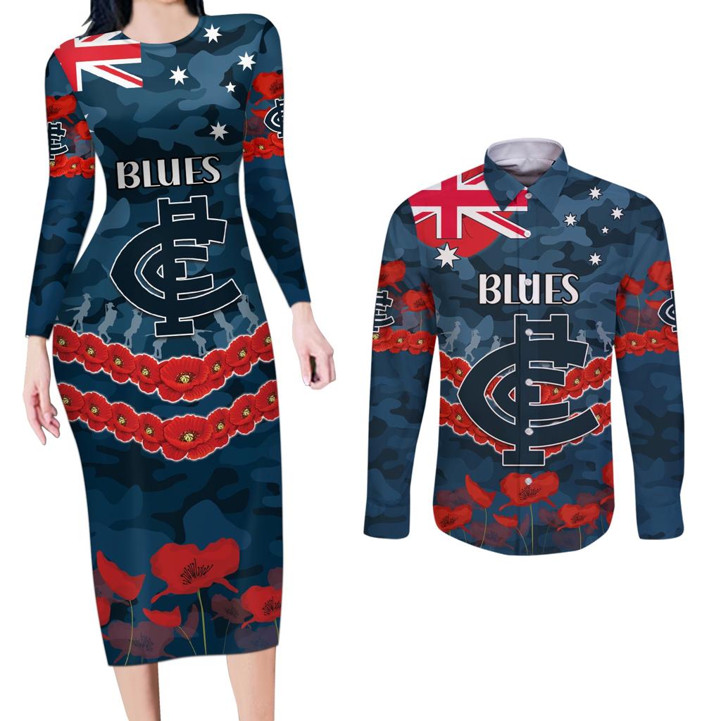 Custom Blues Football Couples Matching Long Sleeve Bodycon Dress and Long Sleeve Button Shirt ANZAC Lest We Forget
