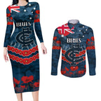 Custom Blues Football Couples Matching Long Sleeve Bodycon Dress and Long Sleeve Button Shirt ANZAC Lest We Forget