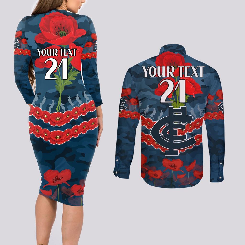 Custom Blues Football Couples Matching Long Sleeve Bodycon Dress and Long Sleeve Button Shirt ANZAC Lest We Forget