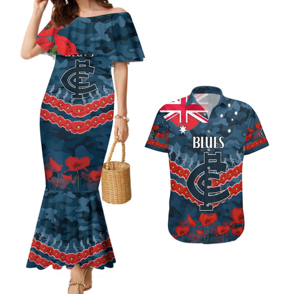 Custom Blues Football Couples Matching Mermaid Dress and Hawaiian Shirt ANZAC Lest We Forget