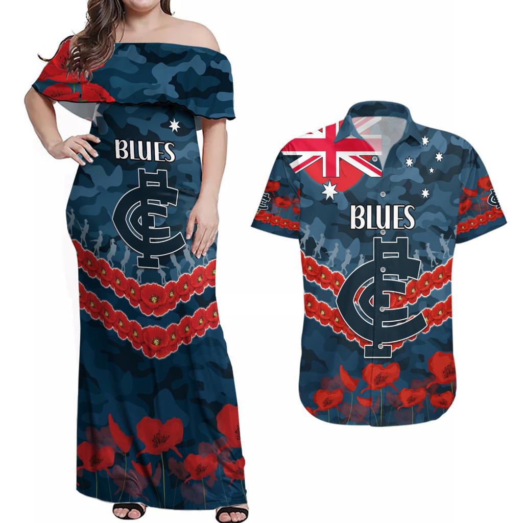 Custom Blues Football Couples Matching Off Shoulder Maxi Dress and Hawaiian Shirt ANZAC Lest We Forget