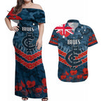 Custom Blues Football Couples Matching Off Shoulder Maxi Dress and Hawaiian Shirt ANZAC Lest We Forget