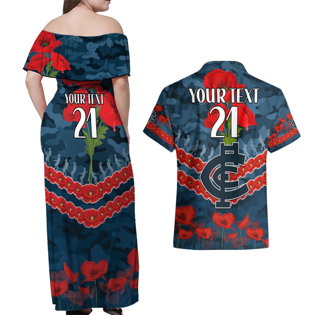 Custom Blues Football Couples Matching Off Shoulder Maxi Dress and Hawaiian Shirt ANZAC Lest We Forget