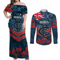 Custom Blues Football Couples Matching Off Shoulder Maxi Dress and Long Sleeve Button Shirt ANZAC Lest We Forget