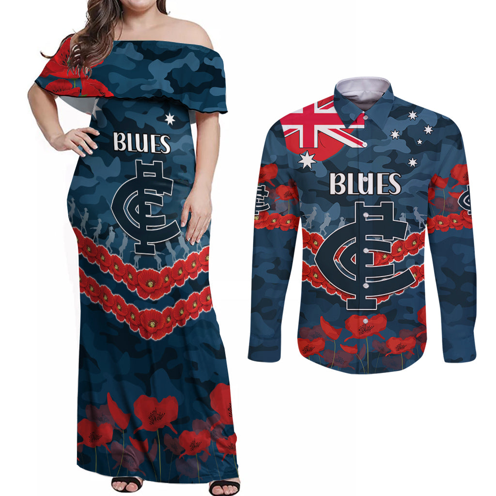 Custom Blues Football Couples Matching Off Shoulder Maxi Dress and Long Sleeve Button Shirt ANZAC Lest We Forget
