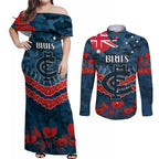 Custom Blues Football Couples Matching Off Shoulder Maxi Dress and Long Sleeve Button Shirt ANZAC Lest We Forget