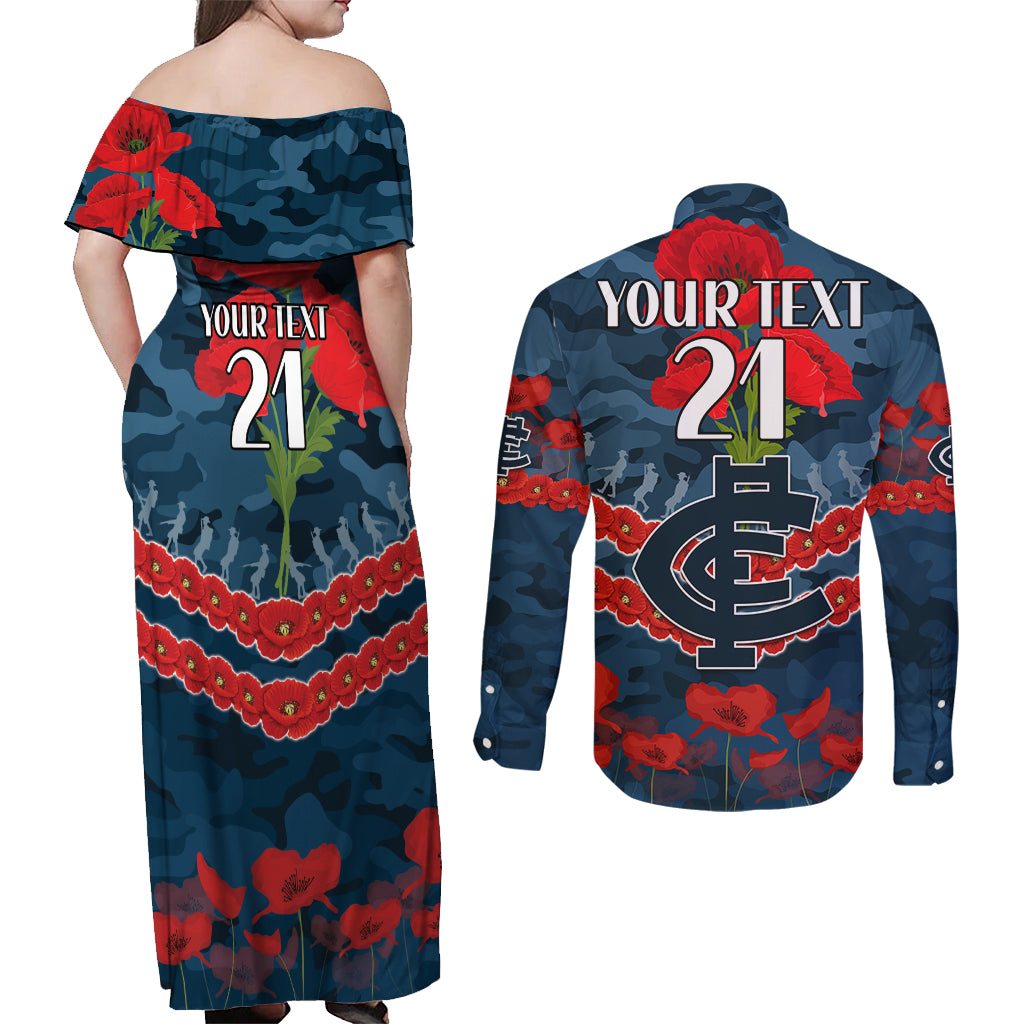 Custom Blues Football Couples Matching Off Shoulder Maxi Dress and Long Sleeve Button Shirt ANZAC Lest We Forget