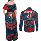 Custom Blues Football Couples Matching Off Shoulder Maxi Dress and Long Sleeve Button Shirt ANZAC Lest We Forget