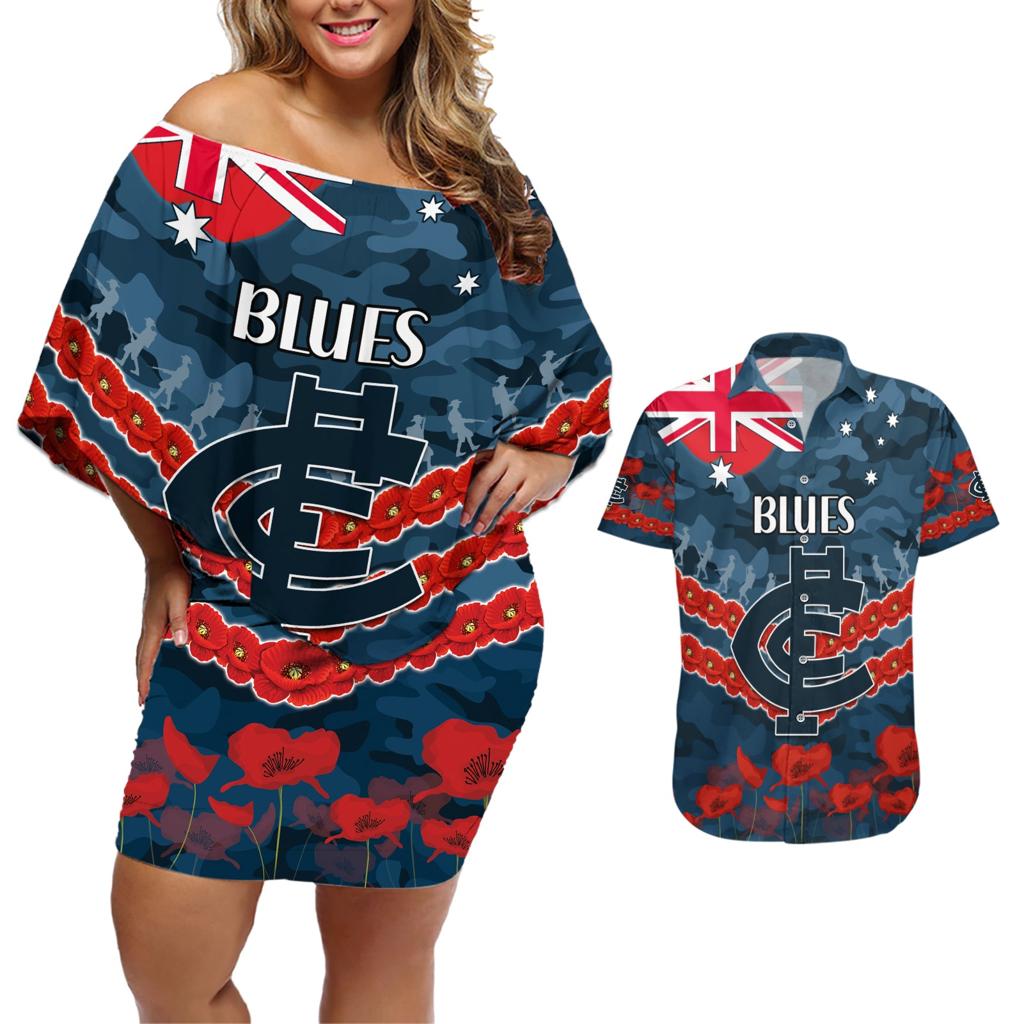 Custom Blues Football Couples Matching Off Shoulder Short Dress and Hawaiian Shirt ANZAC Lest We Forget