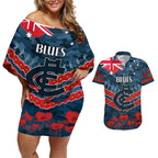Custom Blues Football Couples Matching Off Shoulder Short Dress and Hawaiian Shirt ANZAC Lest We Forget
