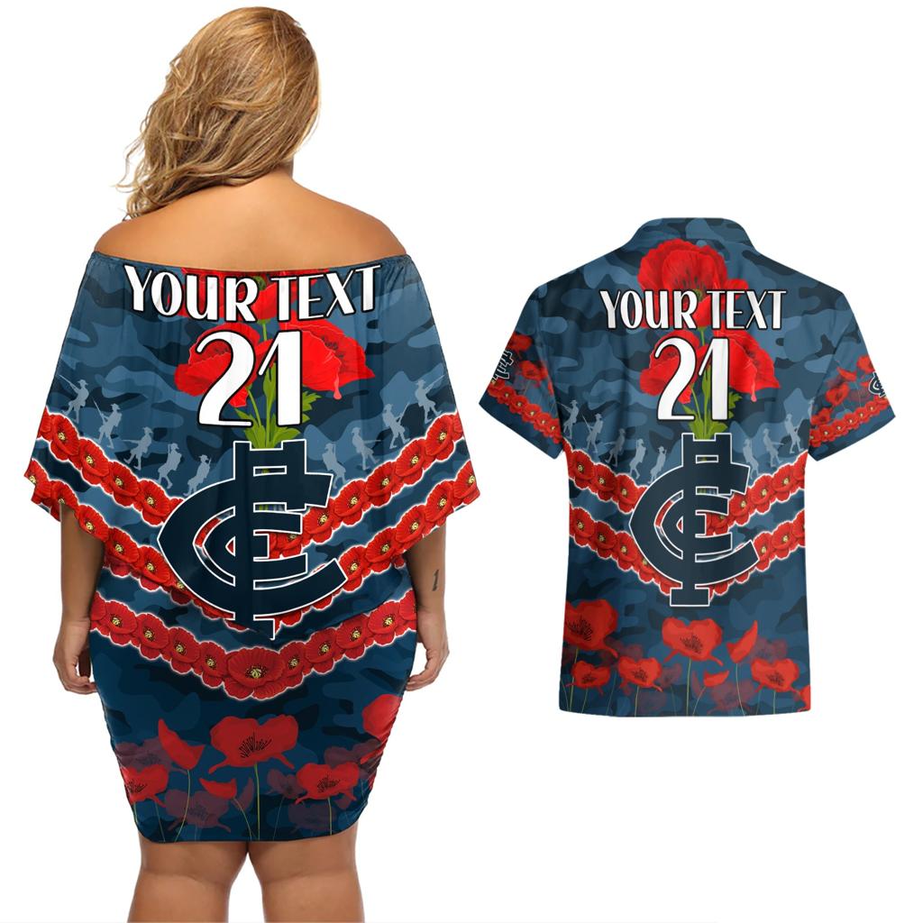 Custom Blues Football Couples Matching Off Shoulder Short Dress and Hawaiian Shirt ANZAC Lest We Forget