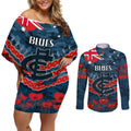 Custom Blues Football Couples Matching Off Shoulder Short Dress and Long Sleeve Button Shirt ANZAC Lest We Forget