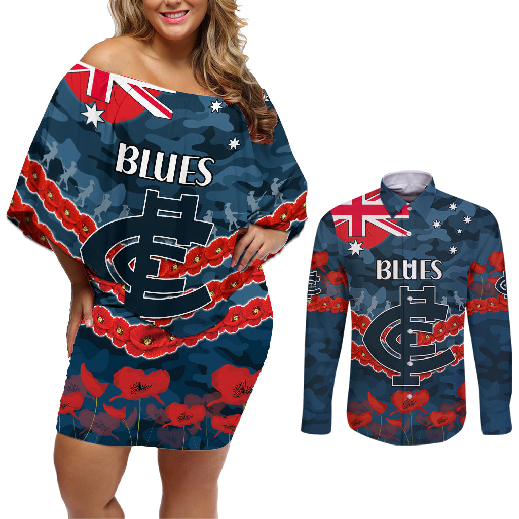 Custom Blues Football Couples Matching Off Shoulder Short Dress and Long Sleeve Button Shirt ANZAC Lest We Forget