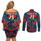 Custom Blues Football Couples Matching Off Shoulder Short Dress and Long Sleeve Button Shirt ANZAC Lest We Forget