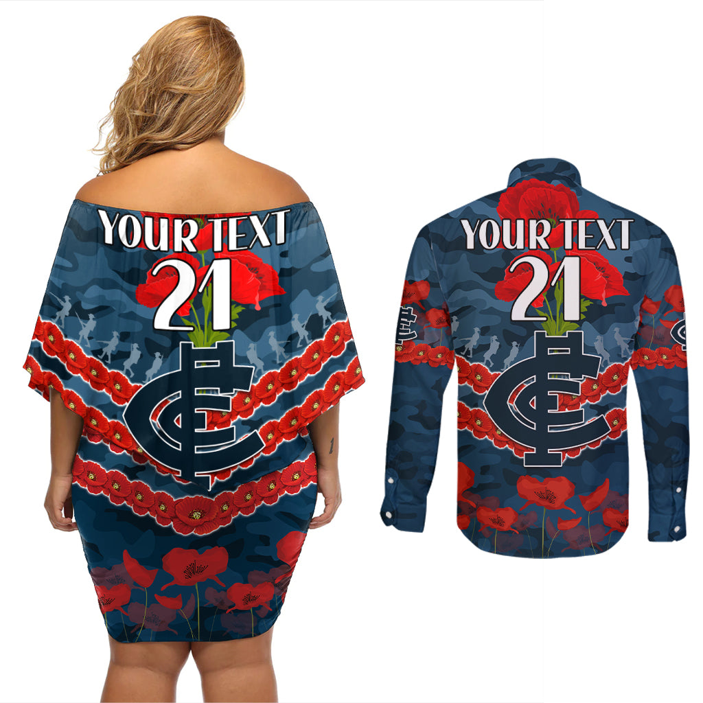 Custom Blues Football Couples Matching Off Shoulder Short Dress and Long Sleeve Button Shirt ANZAC Lest We Forget