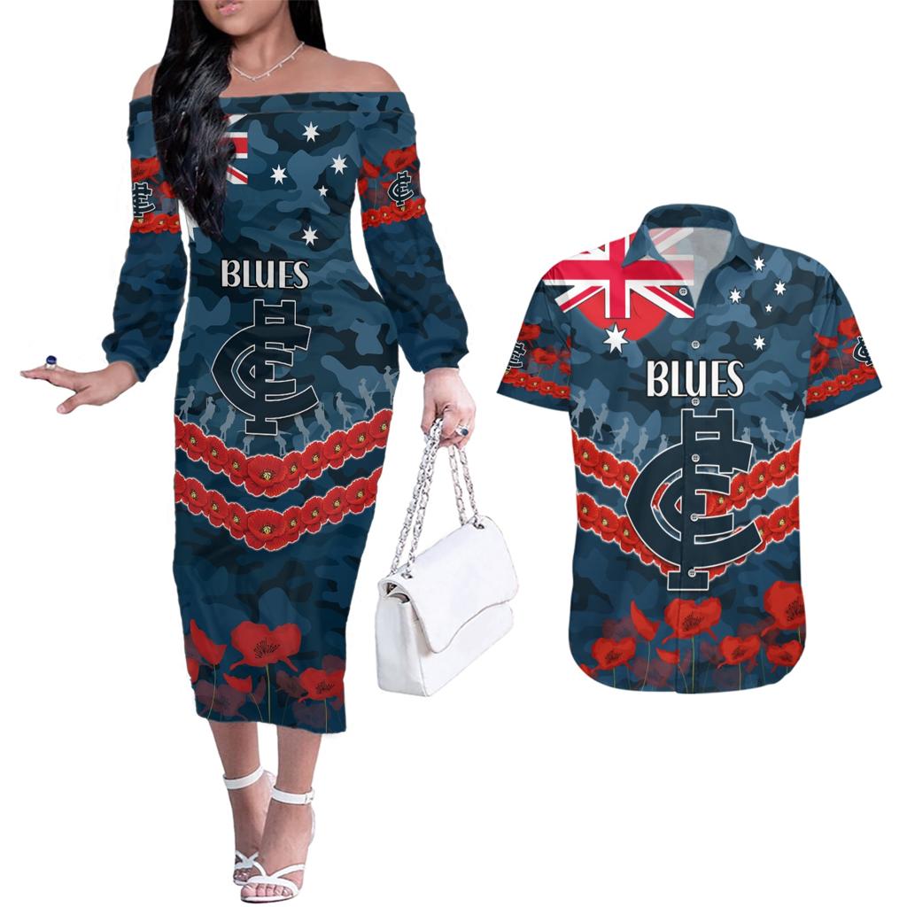 Custom Blues Football Couples Matching Off The Shoulder Long Sleeve Dress and Hawaiian Shirt ANZAC Lest We Forget