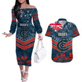 Custom Blues Football Couples Matching Off The Shoulder Long Sleeve Dress and Hawaiian Shirt ANZAC Lest We Forget