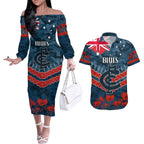 Custom Blues Football Couples Matching Off The Shoulder Long Sleeve Dress and Hawaiian Shirt ANZAC Lest We Forget