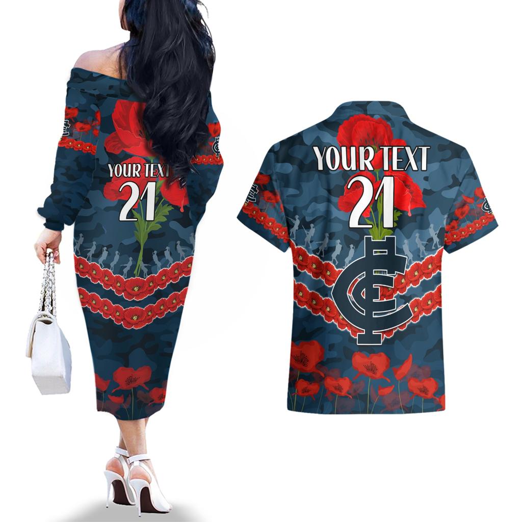 Custom Blues Football Couples Matching Off The Shoulder Long Sleeve Dress and Hawaiian Shirt ANZAC Lest We Forget