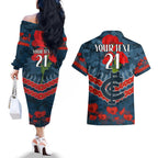 Custom Blues Football Couples Matching Off The Shoulder Long Sleeve Dress and Hawaiian Shirt ANZAC Lest We Forget