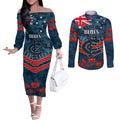 Custom Blues Football Couples Matching Off The Shoulder Long Sleeve Dress and Long Sleeve Button Shirt ANZAC Lest We Forget